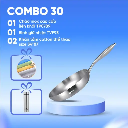 Combo (1 Chảo inox cao cấp liền khối TP8789 + 1 Bình giữ nhiệt TVF93 + 2 Khăn tắm cotton thể thao size 34×87)
