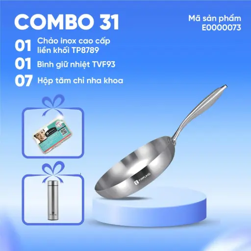Combo (1 Chảo inox cao cấp liền khối TP8789 + 1 Bình giữ nhiệt TAPUHO TVF93 + 7 Hộp tăm chỉ nha khoa TAPUHO x7)
