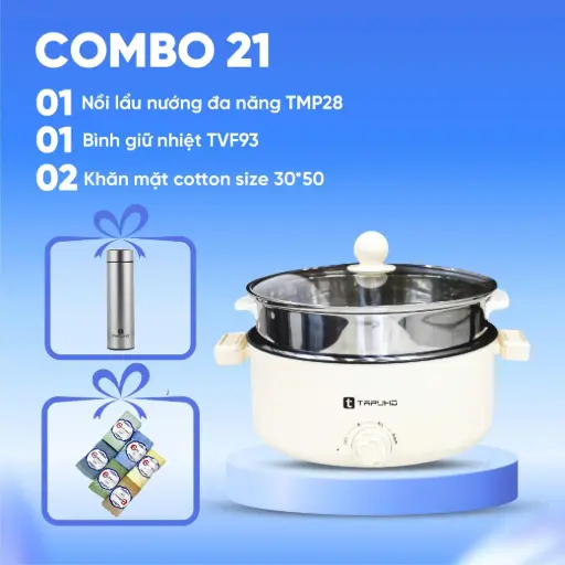 Combo (1 Nồi lẩu nướng đa năng TMP28 + 1 Bình giữ nhiệt TVF93 + 2 Khăn mặt cotton size 30*50)